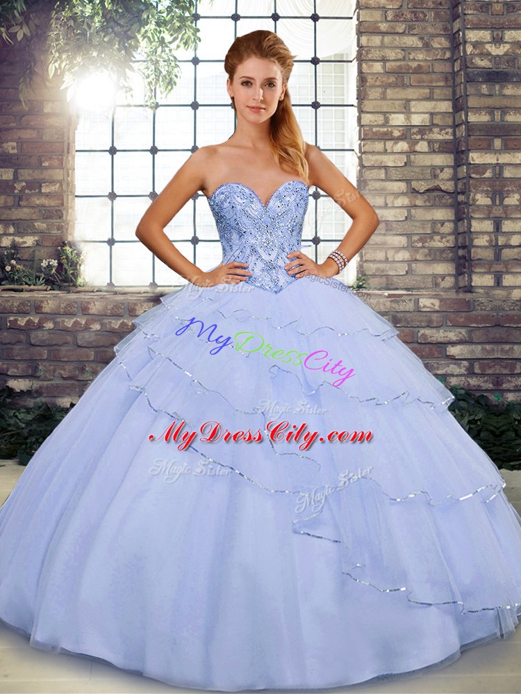 Luxury Ball Gowns Sleeveless Lavender Sweet 16 Dresses Brush Train Lace Up