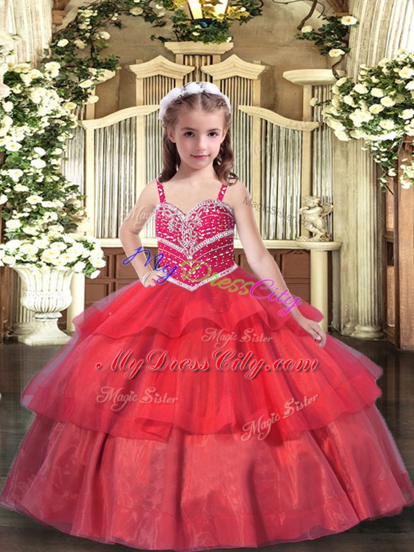 Sleeveless Lace Up Floor Length Beading and Ruffled Layers Girls Pageant Dresses