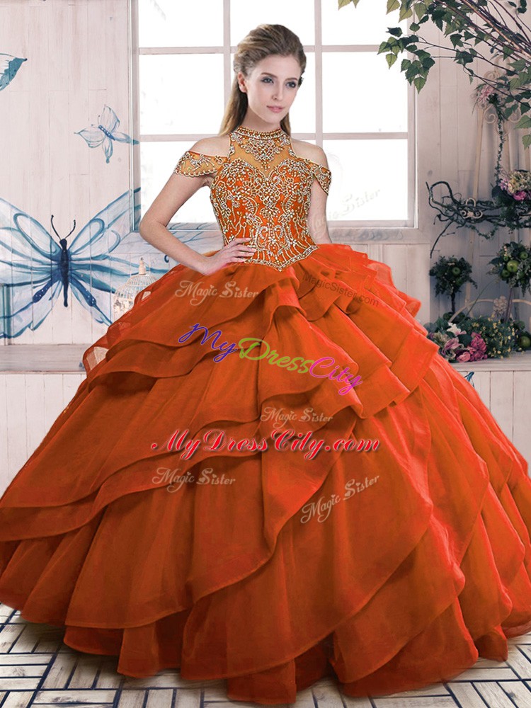 Best Selling Orange Sleeveless Organza Lace Up Quinceanera Gowns for Sweet 16 and Quinceanera