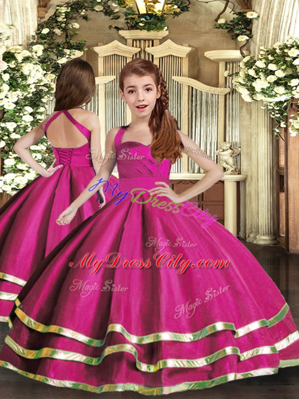 Floor Length Lace Up Kids Pageant Dress Fuchsia for Party and Sweet 16 and Wedding Party with Ruffled Layers and Ruching