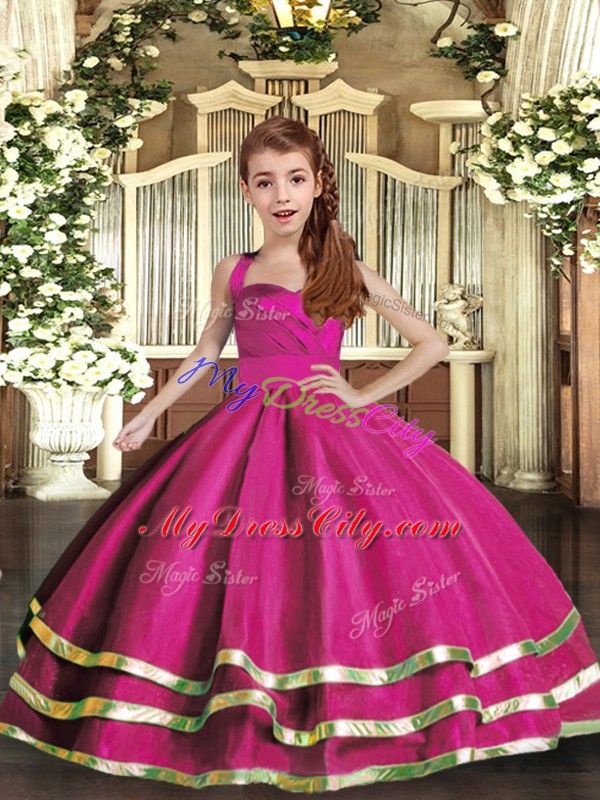 Floor Length Lace Up Kids Pageant Dress Fuchsia for Party and Sweet 16 and Wedding Party with Ruffled Layers and Ruching