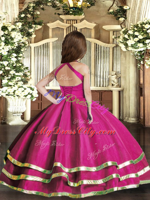 Floor Length Lace Up Kids Pageant Dress Fuchsia for Party and Sweet 16 and Wedding Party with Ruffled Layers and Ruching