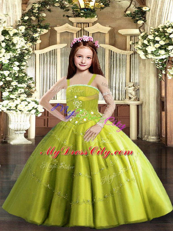 Yellow Green Little Girl Pageant Gowns Party and Wedding Party with Beading Straps Sleeveless Lace Up