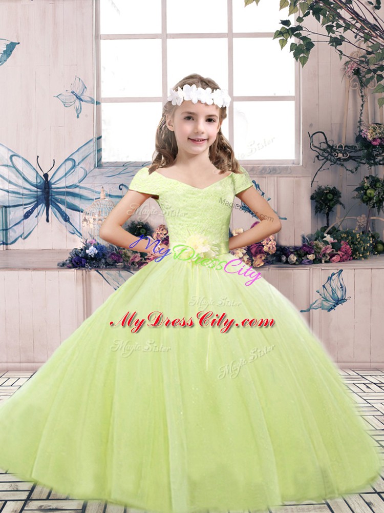 Tulle Sleeveless Floor Length Glitz Pageant Dress and Lace and Belt