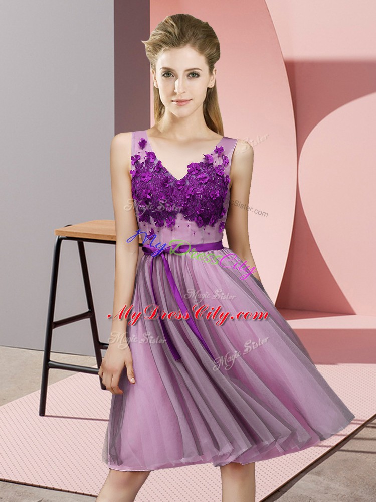 Custom Designed Sleeveless Tulle Knee Length Lace Up Wedding Guest Dresses in Lilac with Appliques