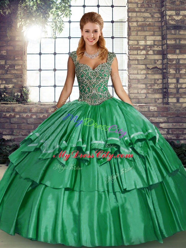 Luxury Ball Gowns Quince Ball Gowns Green Straps Taffeta Sleeveless Floor Length Lace Up