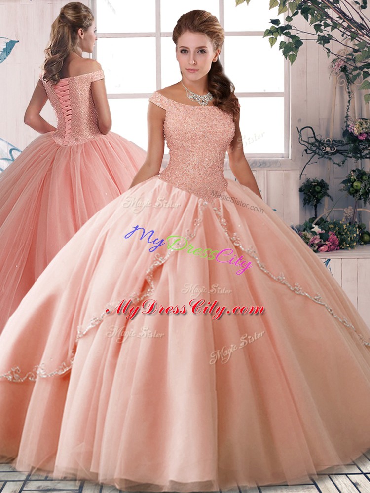 Sleeveless Brush Train Lace Up Beading Quinceanera Dress