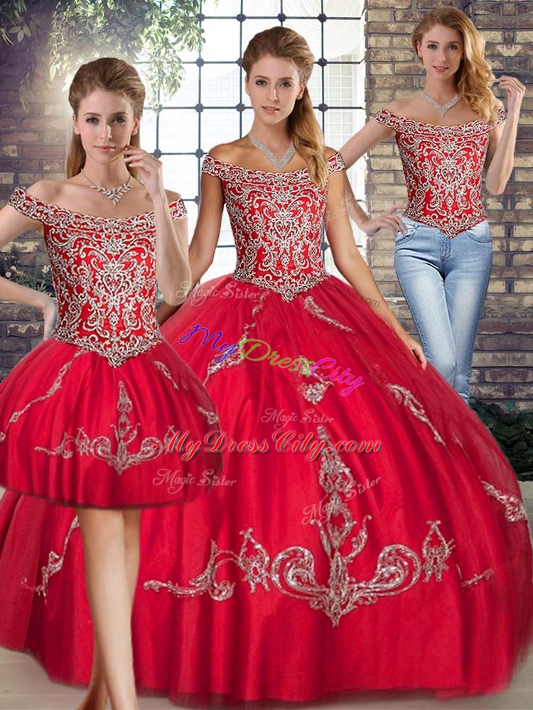 Floor Length Three Pieces Sleeveless Red Sweet 16 Dress Lace Up