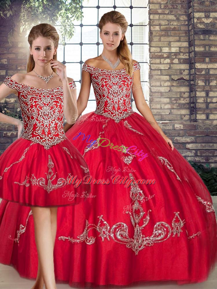 Floor Length Three Pieces Sleeveless Red Sweet 16 Dress Lace Up