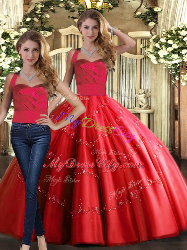 Red Quinceanera Dresses Military Ball and Sweet 16 and Quinceanera with Appliques Halter Top Sleeveless Lace Up