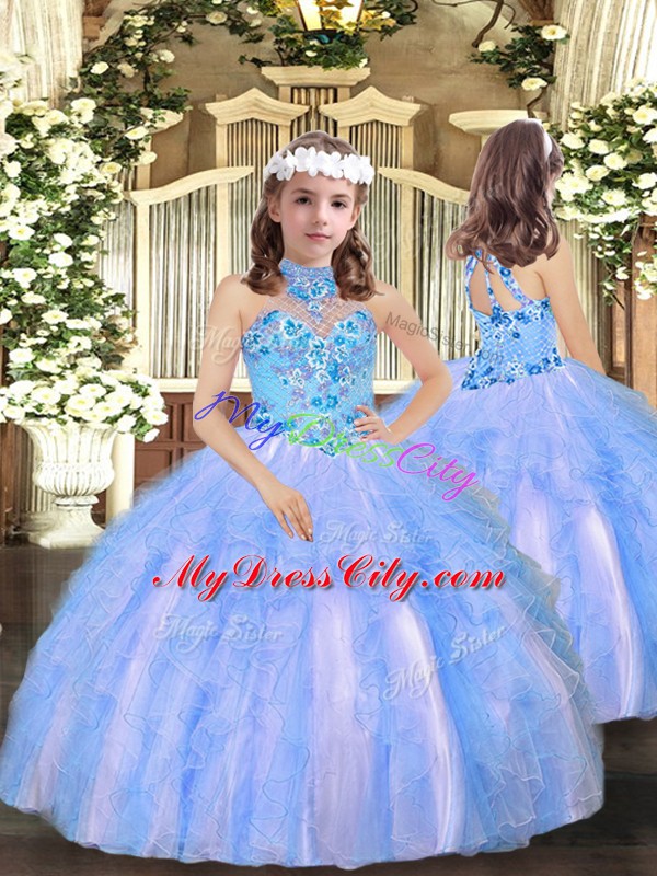 Stylish Multi-color Ball Gowns Halter Top Sleeveless Tulle Floor Length Lace Up Embroidery and Ruffles Quinceanera Gowns