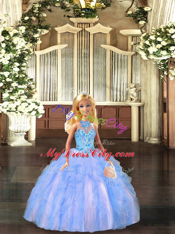 Stylish Multi-color Ball Gowns Halter Top Sleeveless Tulle Floor Length Lace Up Embroidery and Ruffles Quinceanera Gowns