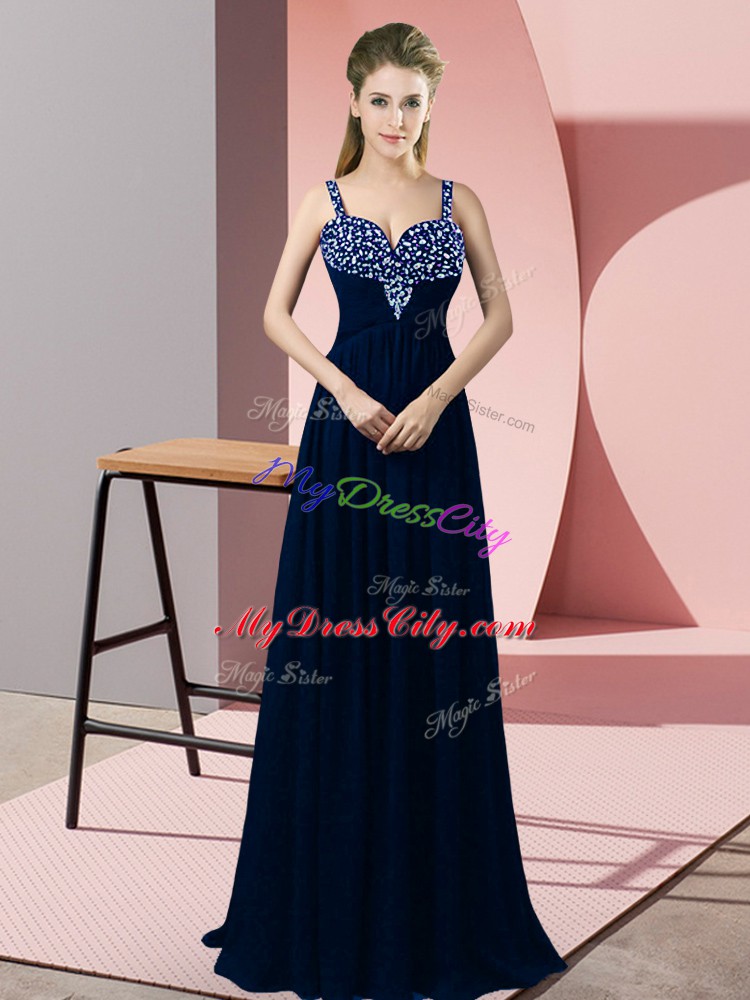 Floor Length Empire Sleeveless Navy Blue Evening Gowns Zipper