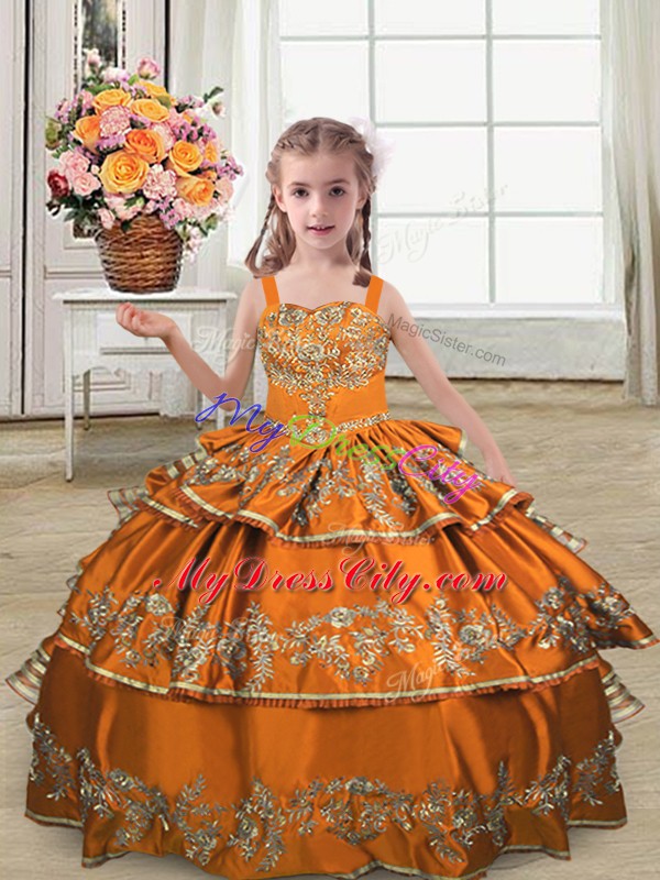 Fashionable Floor Length Orange Little Girl Pageant Dress Straps Sleeveless Lace Up