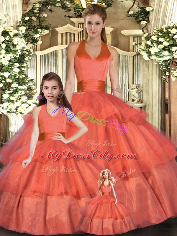 Orange Red Organza Lace Up Quinceanera Gown Sleeveless Floor Length Ruffled Layers