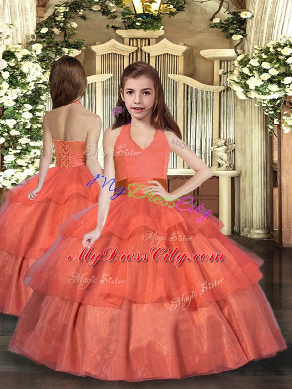 Orange Red Organza Lace Up Quinceanera Gown Sleeveless Floor Length Ruffled Layers