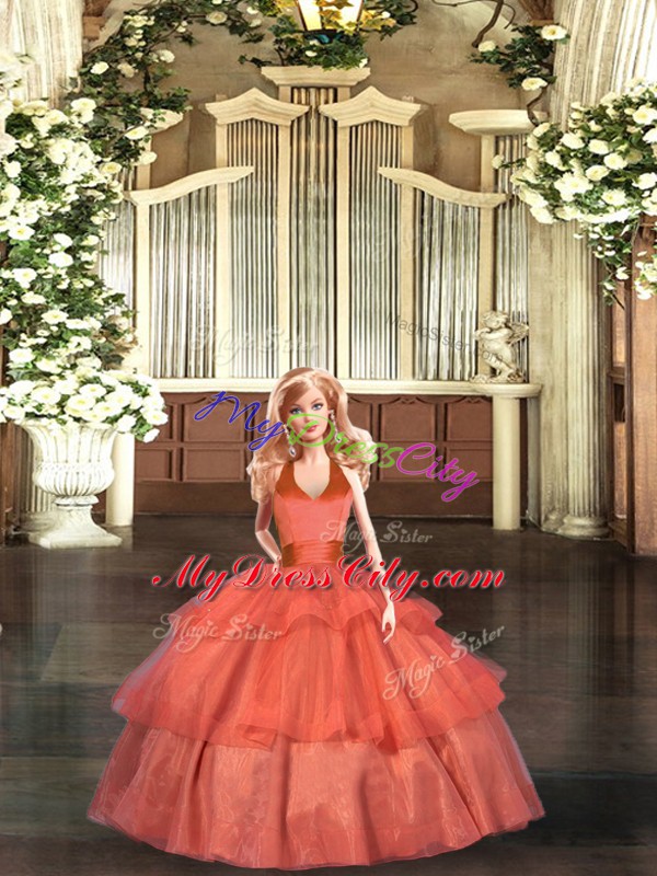 Orange Red Organza Lace Up Quinceanera Gown Sleeveless Floor Length Ruffled Layers