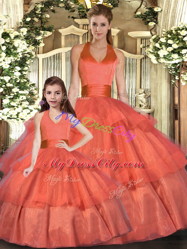 Orange Red Organza Lace Up Quinceanera Gown Sleeveless Floor Length Ruffled Layers