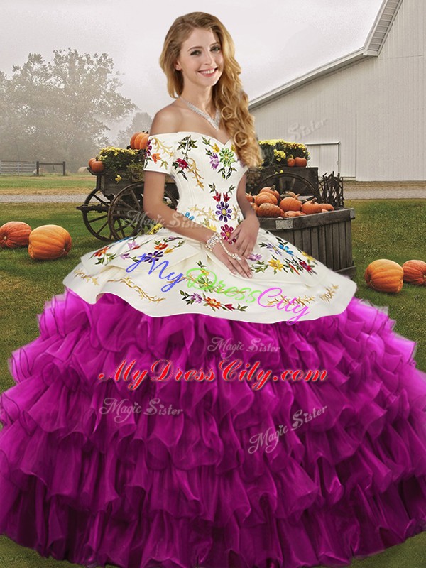 Flare Floor Length Lace Up Sweet 16 Quinceanera Dress Fuchsia for Military Ball and Sweet 16 and Quinceanera with Embroidery and Ruffled Layers