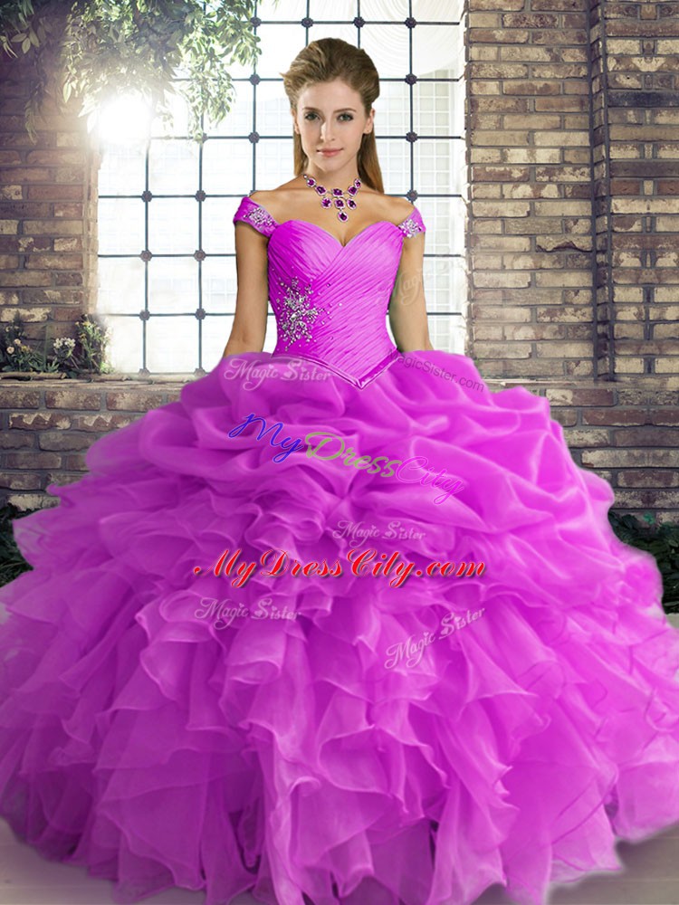 Eye-catching Lilac Ball Gowns Off The Shoulder Sleeveless Organza Floor Length Lace Up Beading and Ruffles and Pick Ups Vestidos de Quinceanera