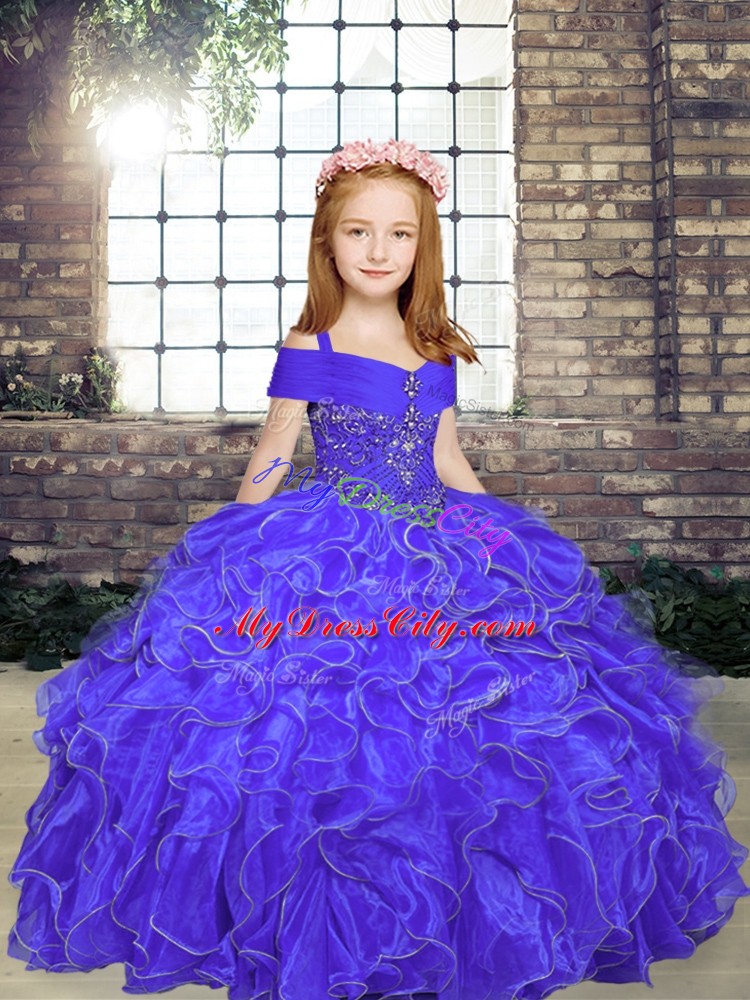 Floor Length Purple Little Girls Pageant Dress Wholesale Organza Sleeveless Beading and Ruffles