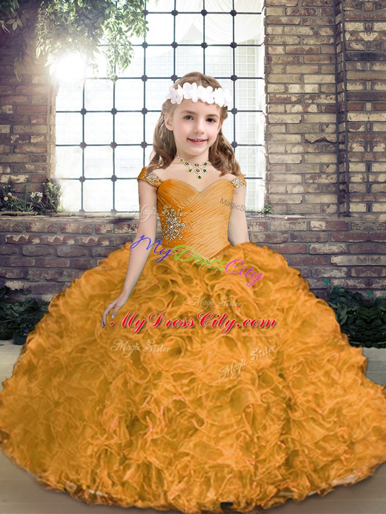 Charming Asymmetrical Gold Pageant Gowns For Girls Fabric With Rolling Flowers Sleeveless Beading