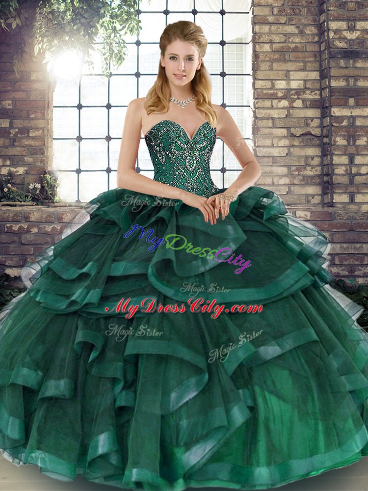 Latest Peacock Green Ball Gowns Sweetheart Sleeveless Tulle Floor Length Lace Up Beading and Ruffles Quinceanera Dress