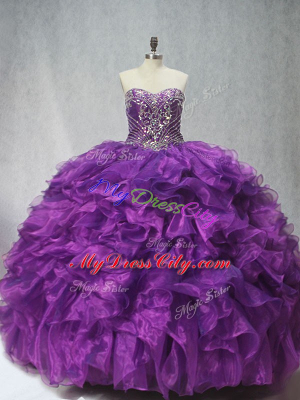 Excellent Purple Ball Gowns Sweetheart Sleeveless Organza Brush Train Lace Up Beading and Ruffles Ball Gown Prom Dress