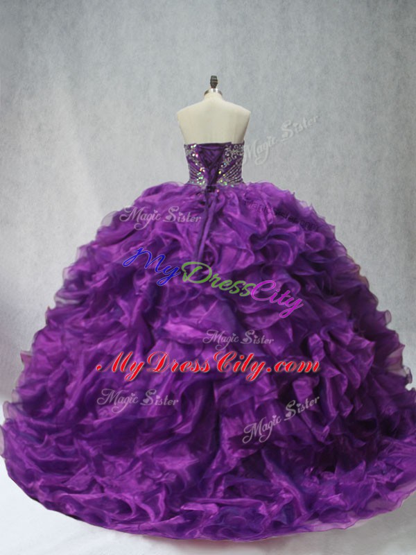 Excellent Purple Ball Gowns Sweetheart Sleeveless Organza Brush Train Lace Up Beading and Ruffles Ball Gown Prom Dress