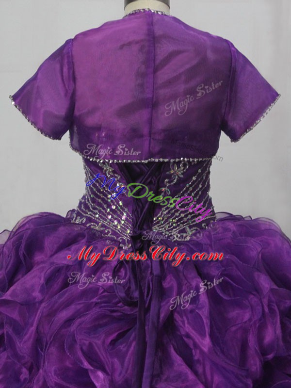 Excellent Purple Ball Gowns Sweetheart Sleeveless Organza Brush Train Lace Up Beading and Ruffles Ball Gown Prom Dress