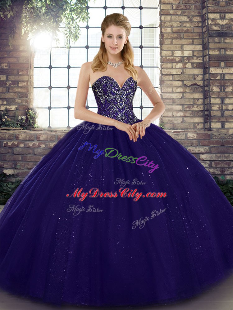 Flirting Purple Tulle Lace Up Quinceanera Dresses Sleeveless Floor Length Beading