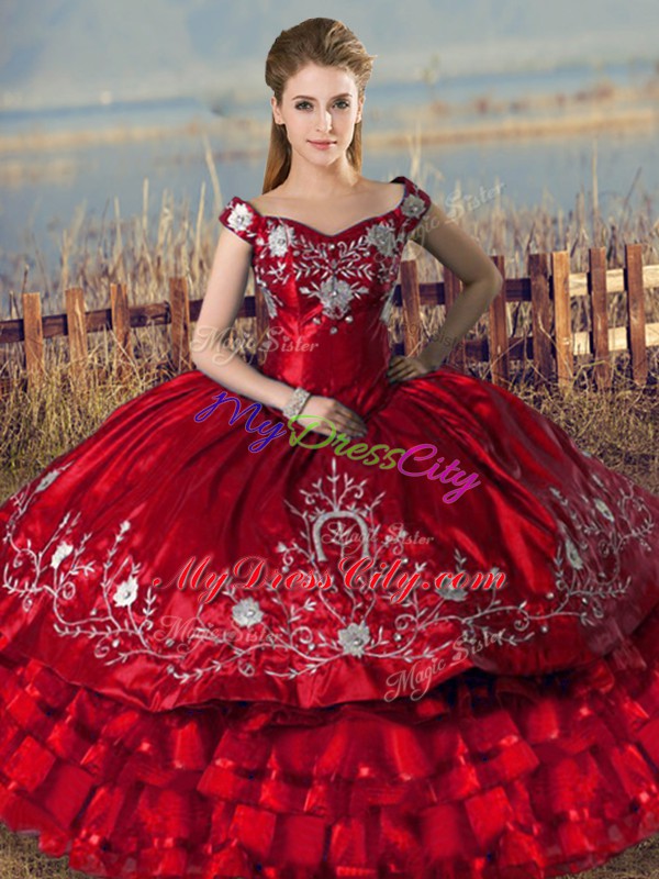 Red Quinceanera Gown Sweet 16 and Quinceanera with Embroidery and Ruffled Layers Off The Shoulder Sleeveless Lace Up