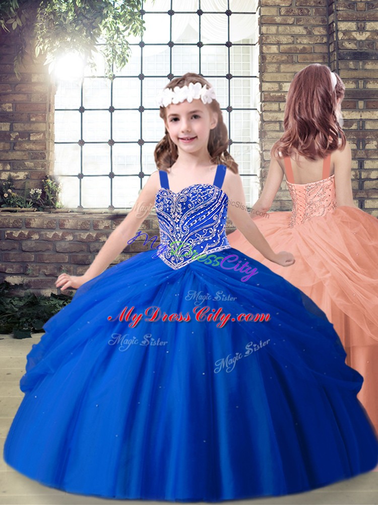 Admirable Royal Blue Ball Gowns Straps Sleeveless Tulle Floor Length Lace Up Beading Kids Formal Wear