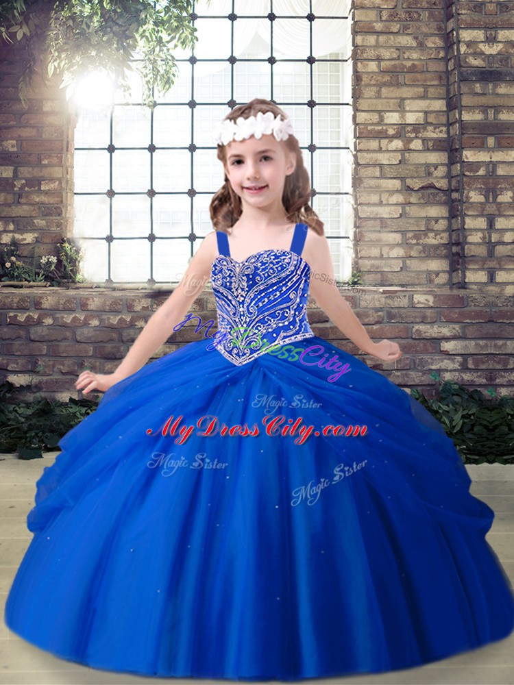 Admirable Royal Blue Ball Gowns Straps Sleeveless Tulle Floor Length Lace Up Beading Kids Formal Wear