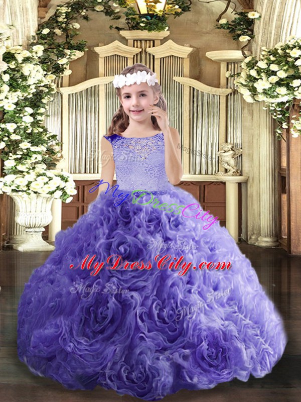 Admirable Lavender Fabric With Rolling Flowers Lace Up Little Girl Pageant Gowns Sleeveless Floor Length Beading