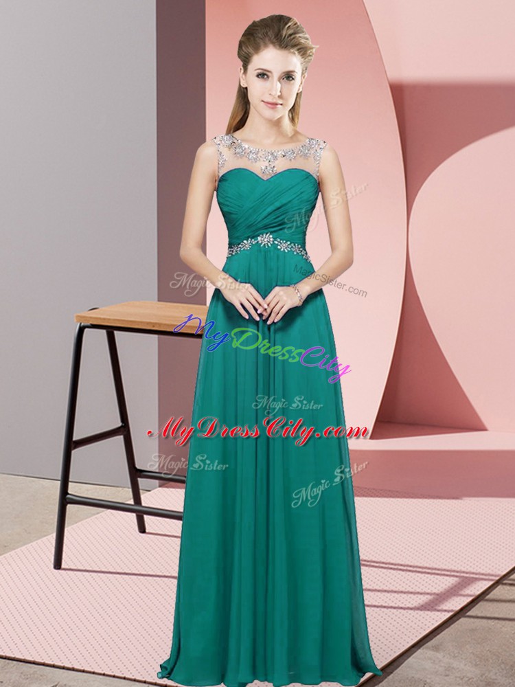 High Quality Turquoise Chiffon Backless Pageant Dress for Girls Sleeveless Floor Length Beading