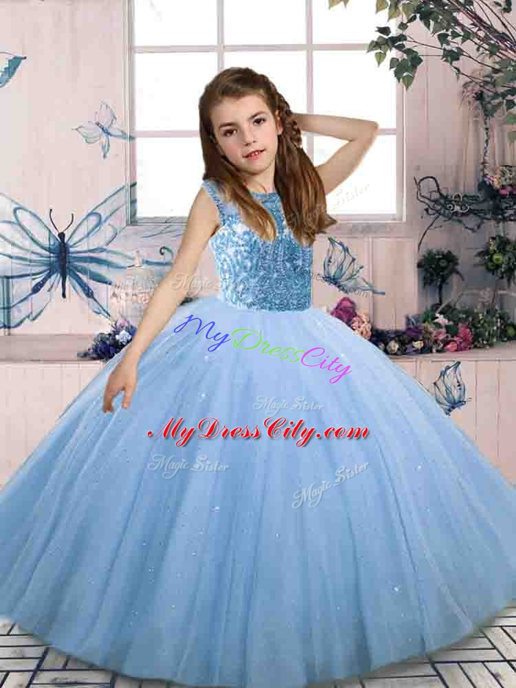 Dazzling Blue Tulle Lace Up Glitz Pageant Dress Sleeveless Floor Length Beading