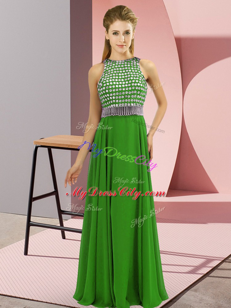 Shining Sleeveless Chiffon Floor Length Side Zipper Evening Wear in Green with Beading