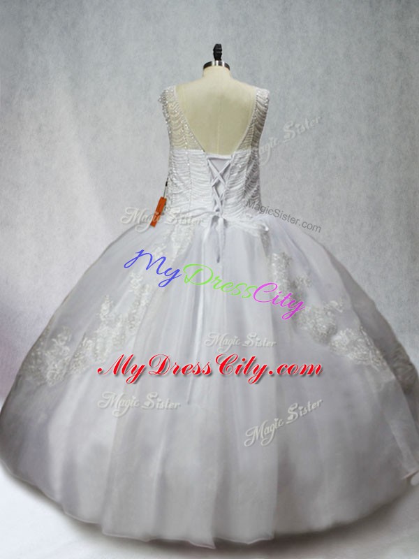 High End Scoop Sleeveless Lace Up Sweet 16 Dress White Organza