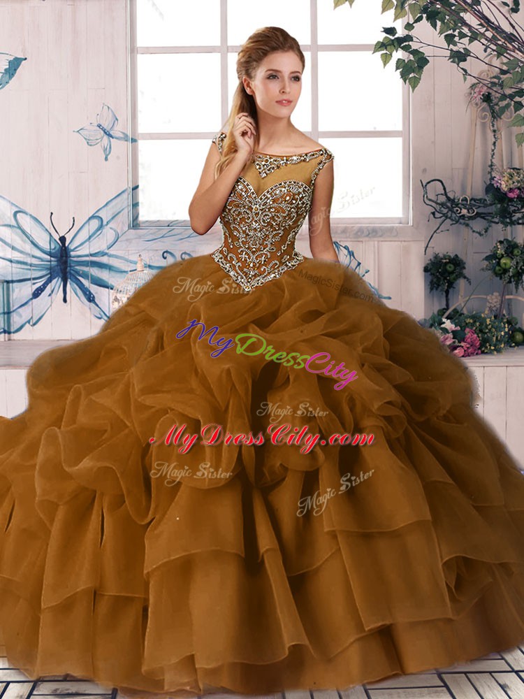 Organza Sleeveless Sweet 16 Dress Brush Train and Beading and Pick Ups