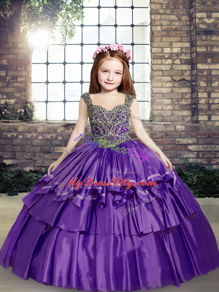 Floor Length Lavender Kids Pageant Dress Taffeta Sleeveless Beading