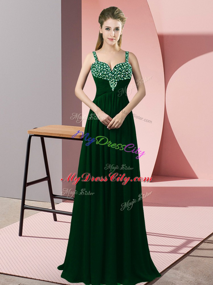 Fashionable Sleeveless Chiffon Floor Length Zipper Womens Evening Dresses in Dark Green with Beading