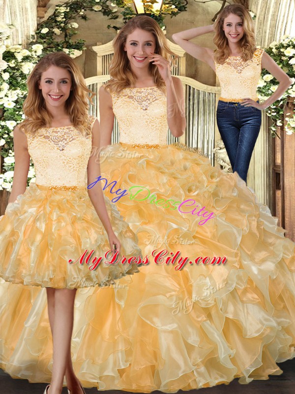 Dynamic Three Pieces Sweet 16 Dress Gold Scoop Organza Sleeveless Floor Length Clasp Handle