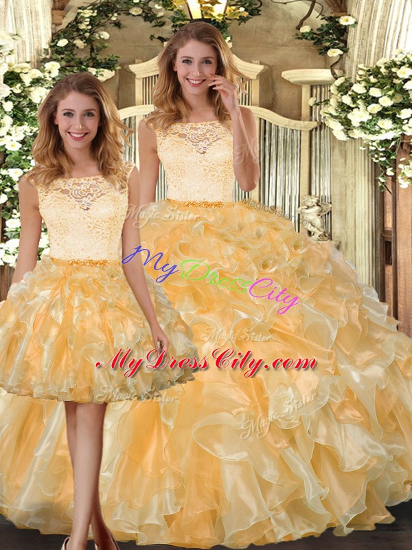 Dynamic Three Pieces Sweet 16 Dress Gold Scoop Organza Sleeveless Floor Length Clasp Handle