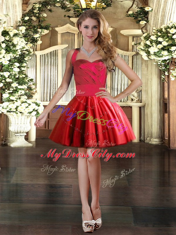 Best Selling Appliques Prom Party Dress Red Lace Up Sleeveless Mini Length