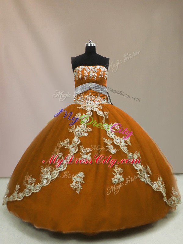 New Style Appliques Quinceanera Dresses Brown Lace Up Sleeveless Floor Length