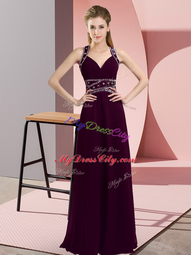 Stunning Sleeveless Chiffon Floor Length Backless Going Out Dresses in Dark Purple with Beading