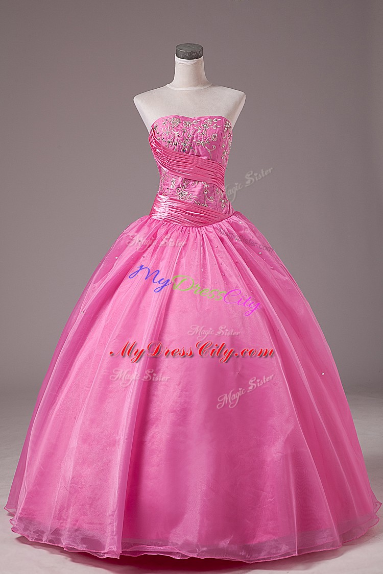 Modern Rose Pink Quinceanera Dresses Sweet 16 and Quinceanera with Embroidery Strapless Sleeveless Lace Up