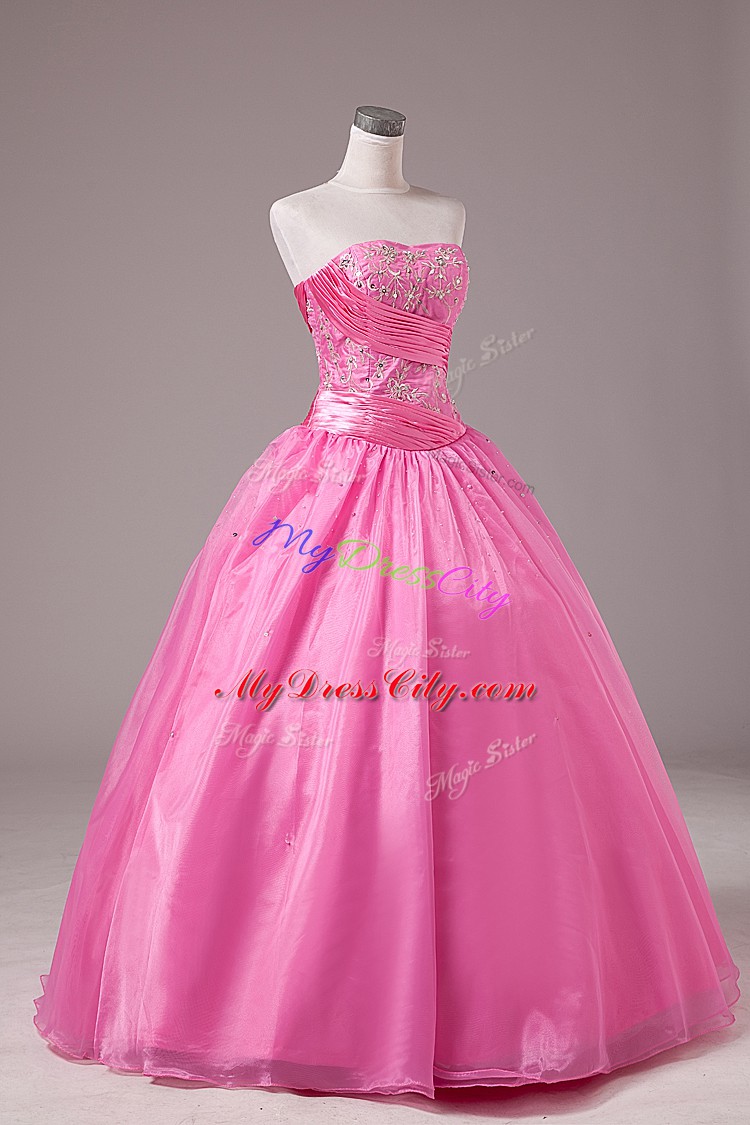 Modern Rose Pink Quinceanera Dresses Sweet 16 and Quinceanera with Embroidery Strapless Sleeveless Lace Up