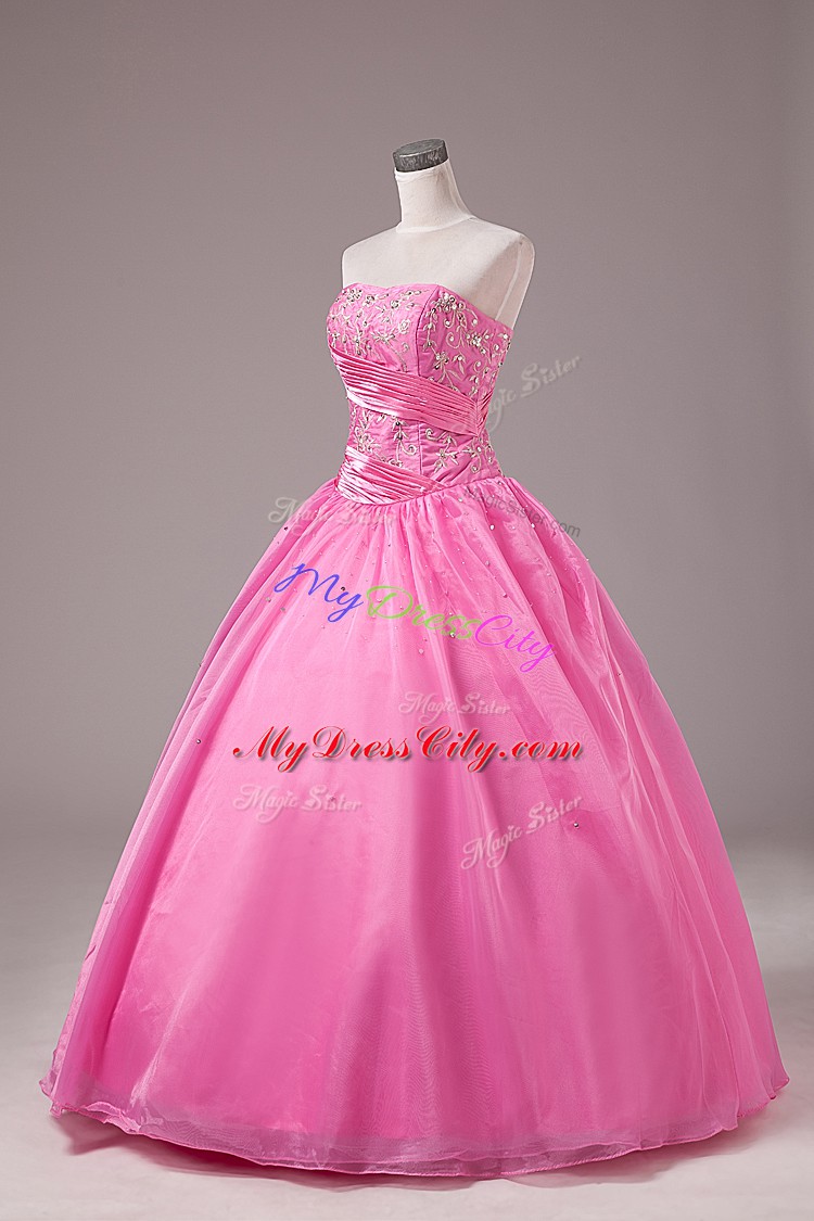 Modern Rose Pink Quinceanera Dresses Sweet 16 and Quinceanera with Embroidery Strapless Sleeveless Lace Up